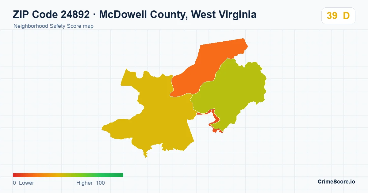 ZIP Code 24892 in McDowell County, West Virginia neighborhood Safety Score map