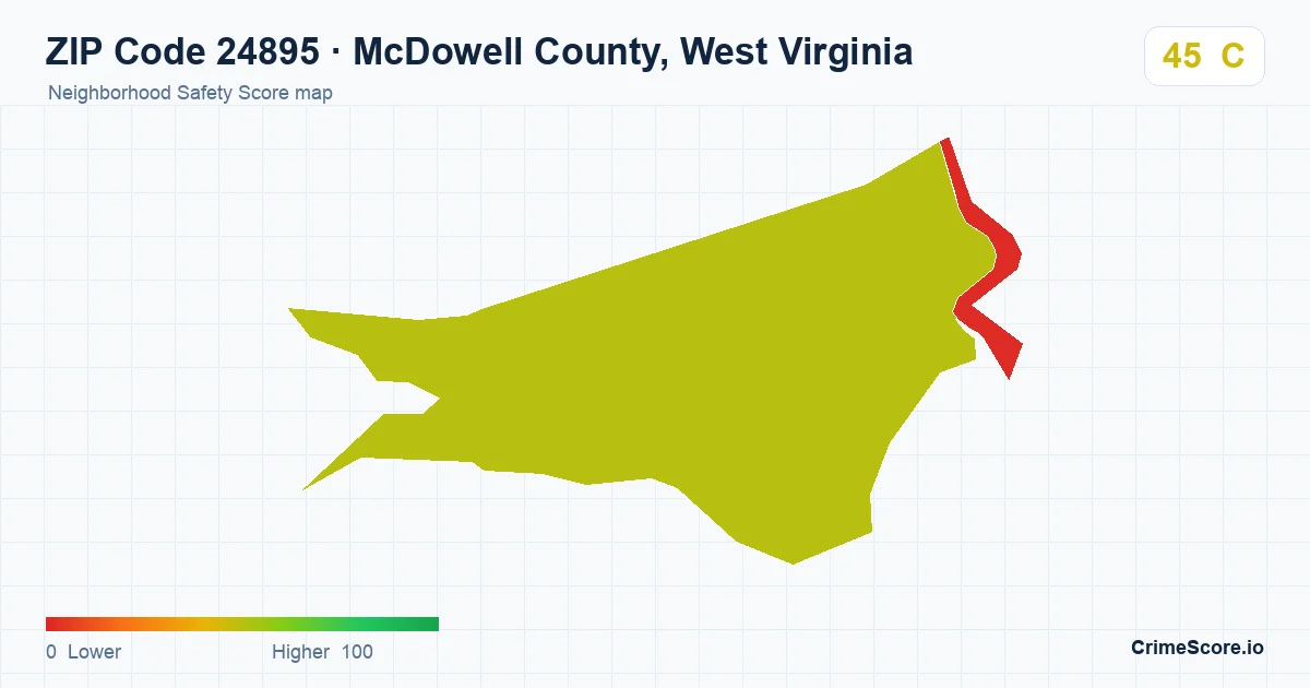 ZIP Code 24895 in McDowell County, West Virginia neighborhood Safety Score map