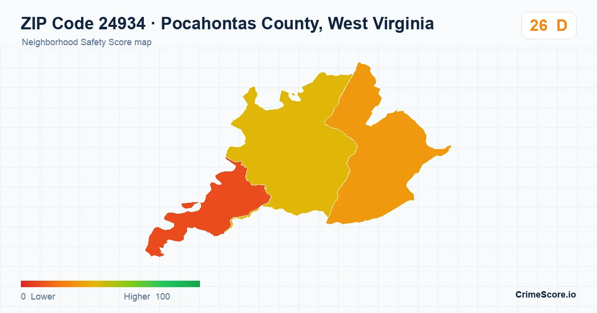 ZIP Code 24934 in Pocahontas County, West Virginia neighborhood Safety Score map