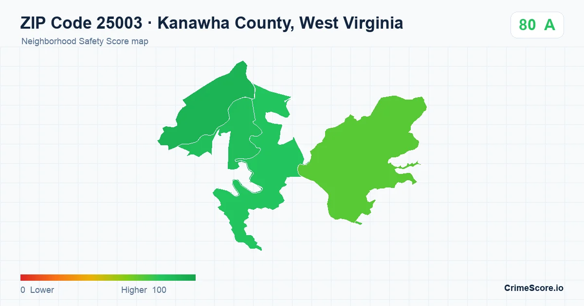 ZIP Code 25003 in Kanawha County, West Virginia neighborhood Safety Score map