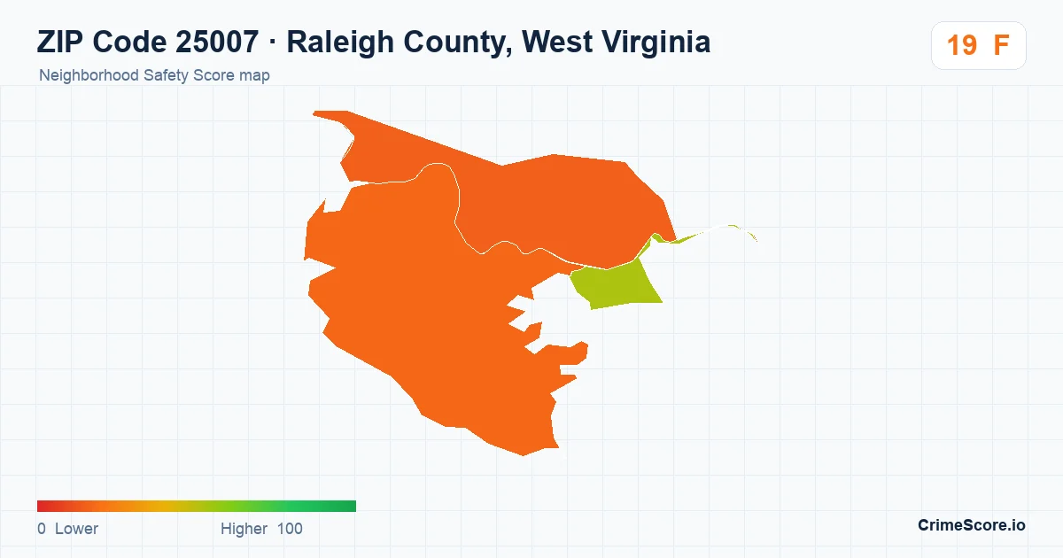 ZIP Code 25007 in Raleigh County, West Virginia neighborhood Safety Score map