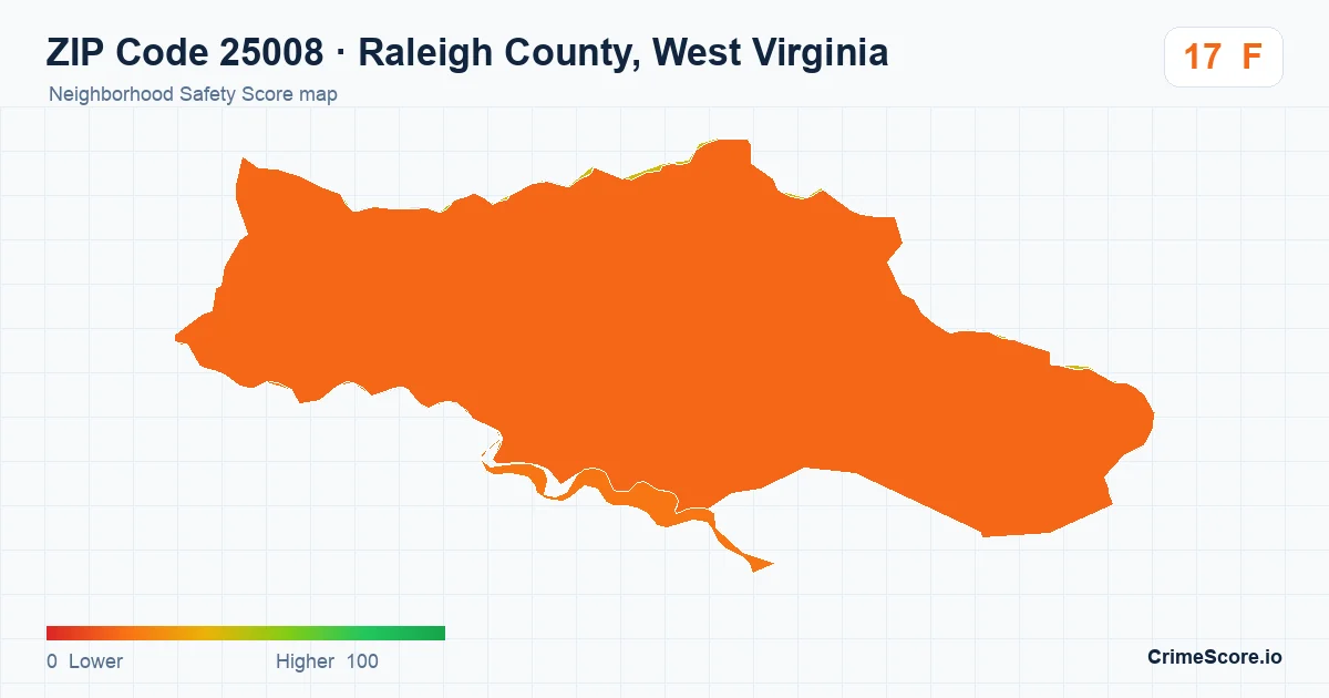 ZIP Code 25008 in Raleigh County, West Virginia neighborhood Safety Score map