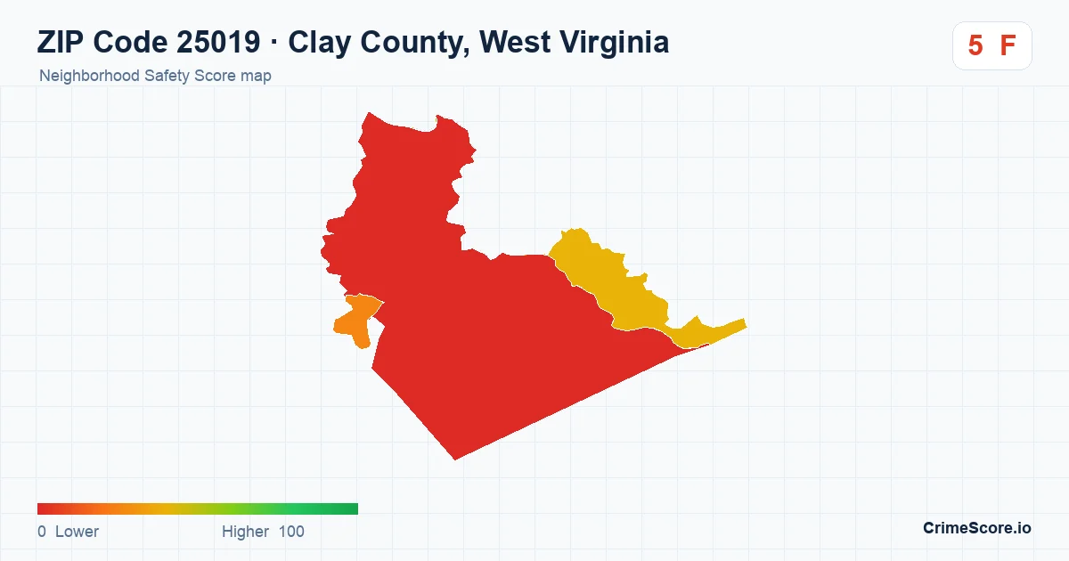 ZIP Code 25019 in Clay County, West Virginia neighborhood Safety Score map