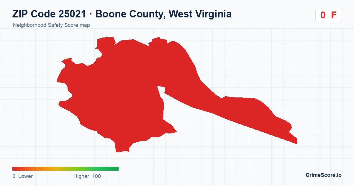 ZIP Code 25021 in Boone County, West Virginia neighborhood Safety Score map