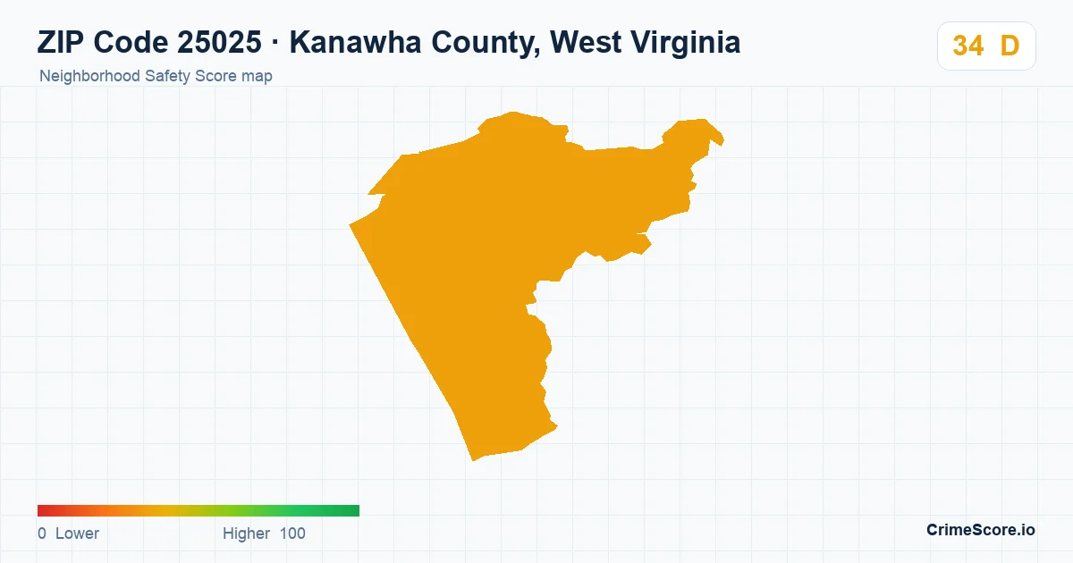 ZIP Code 25025 in Kanawha County, West Virginia neighborhood Safety Score map