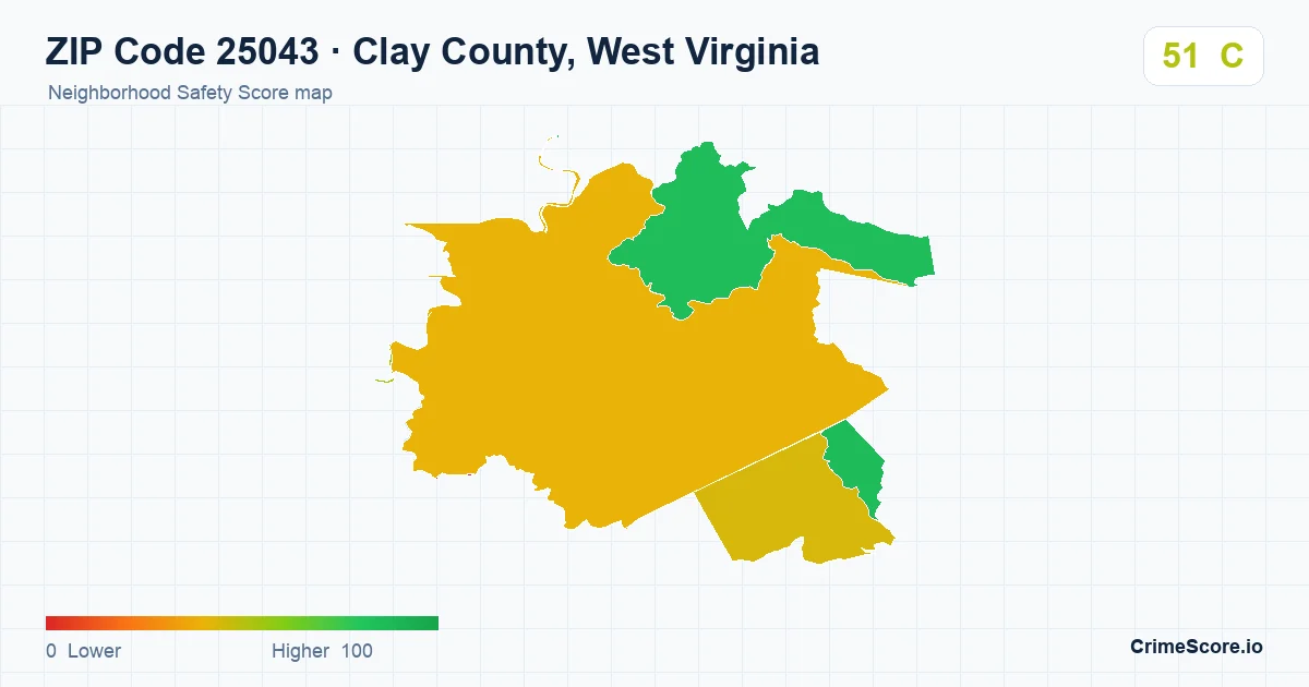 ZIP Code 25043 in Clay County, West Virginia neighborhood Safety Score map