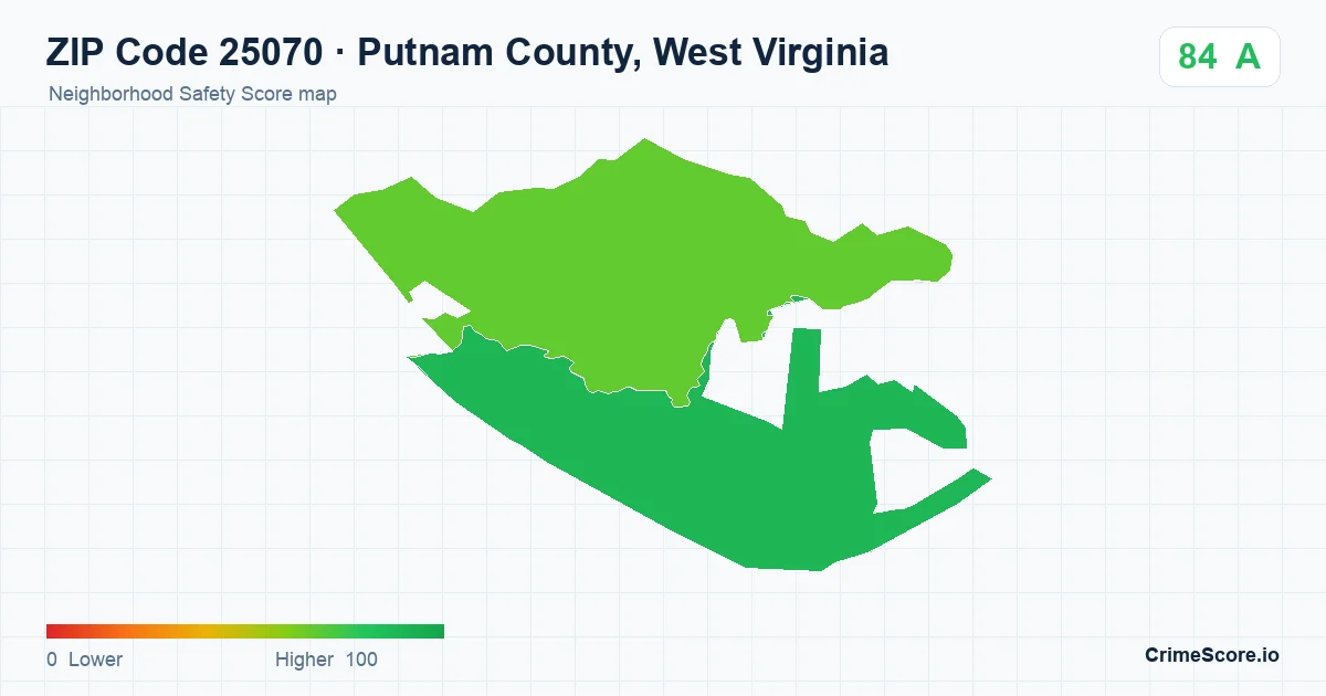 ZIP Code 25070 in Putnam County, West Virginia neighborhood Safety Score map