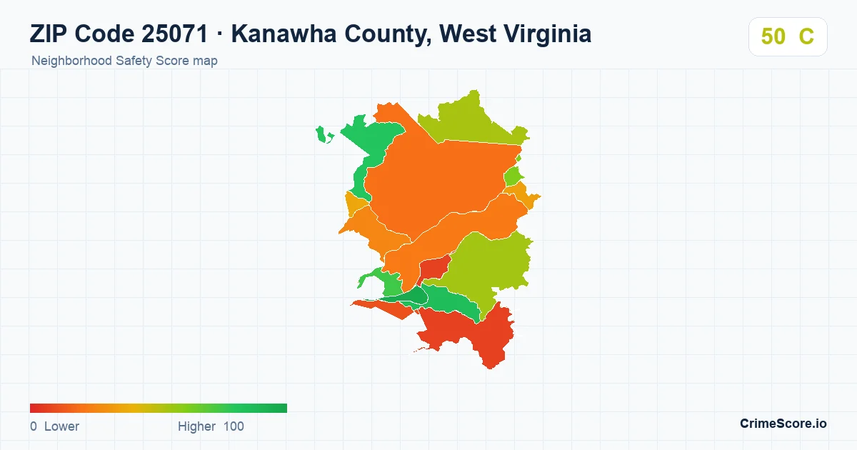 ZIP Code 25071 in Kanawha County, West Virginia neighborhood Safety Score map