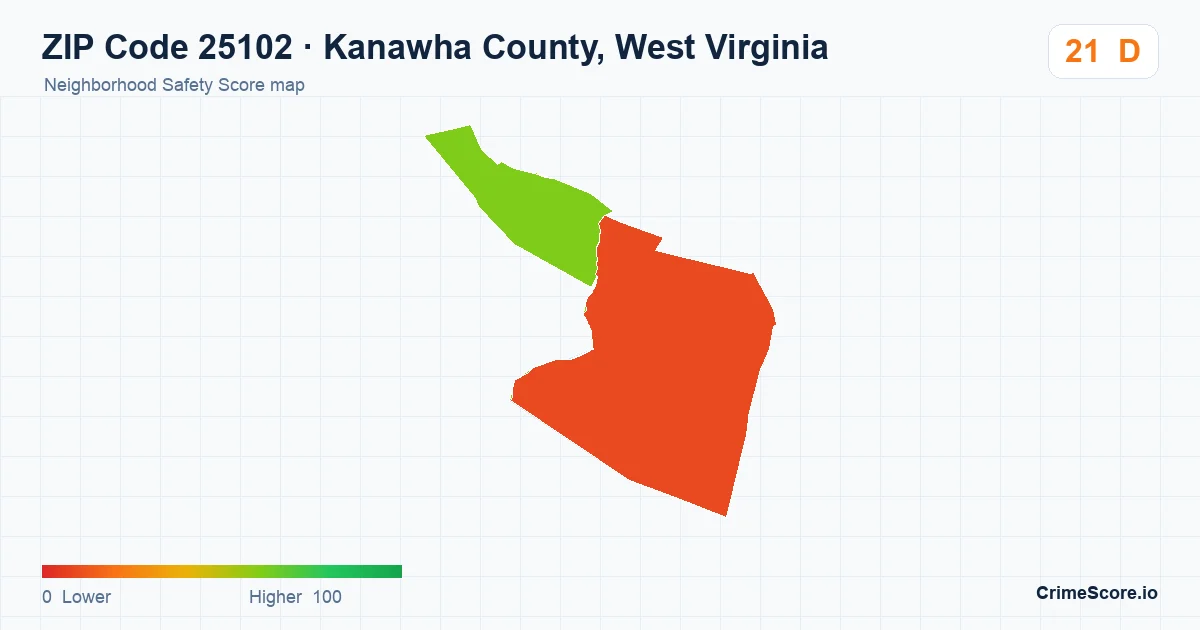 ZIP Code 25102 in Kanawha County, West Virginia neighborhood Safety Score map