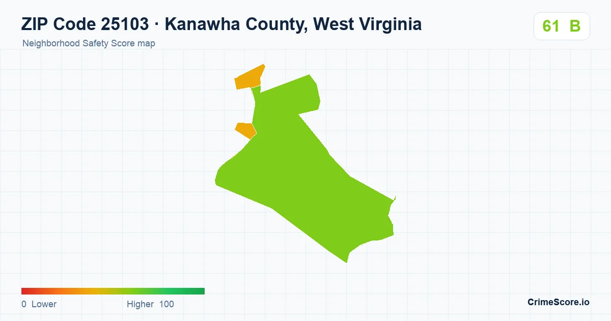 ZIP Code 25103 in Kanawha County, West Virginia neighborhood Safety Score map