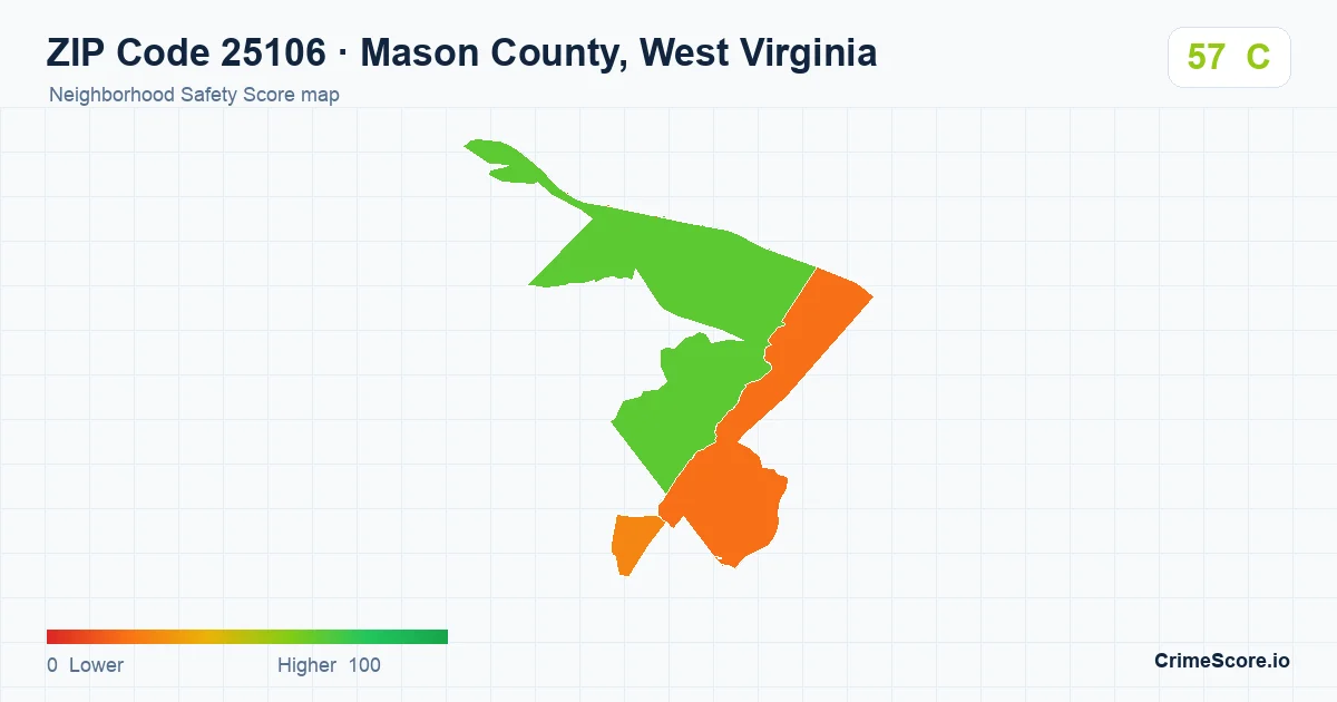 ZIP Code 25106 in Mason County, West Virginia neighborhood Safety Score map