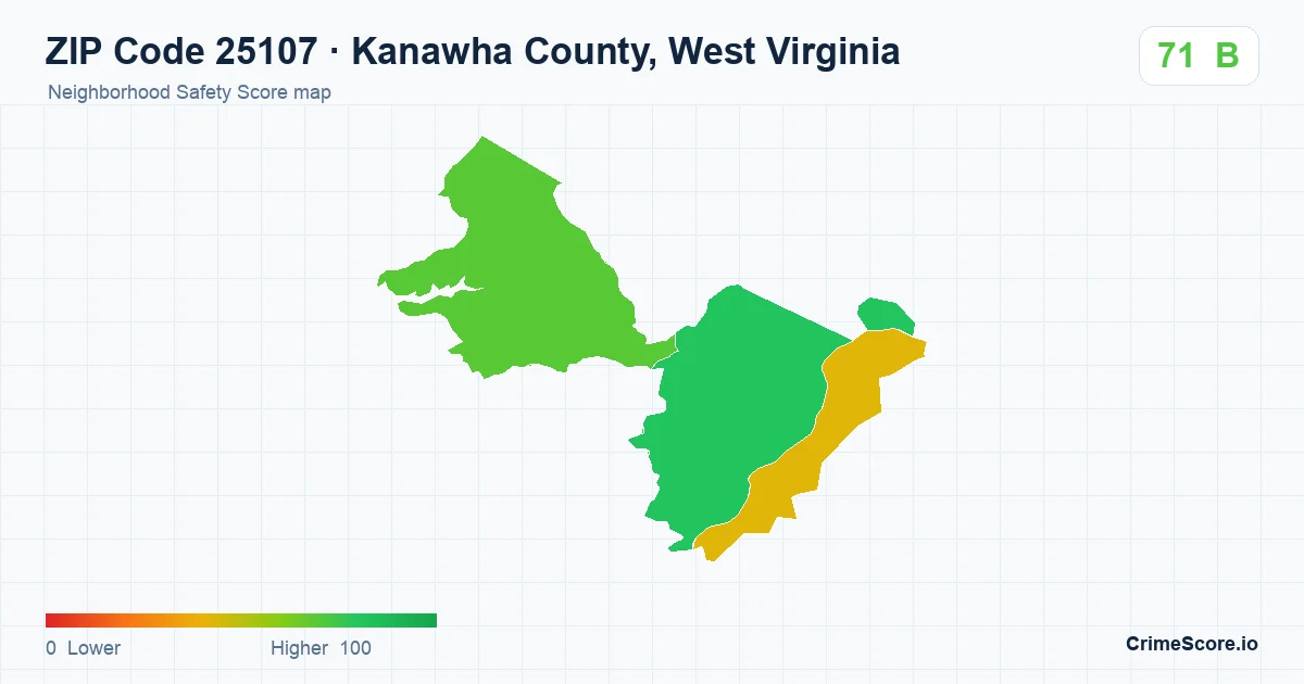 ZIP Code 25107 in Kanawha County, West Virginia neighborhood Safety Score map
