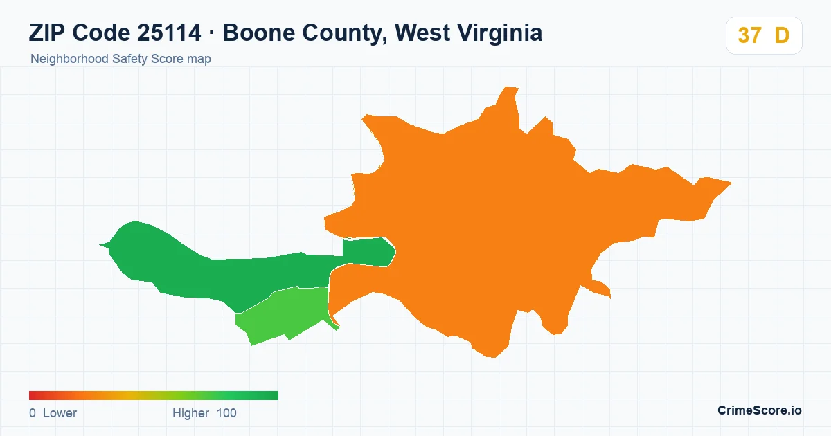 ZIP Code 25114 in Boone County, West Virginia neighborhood Safety Score map