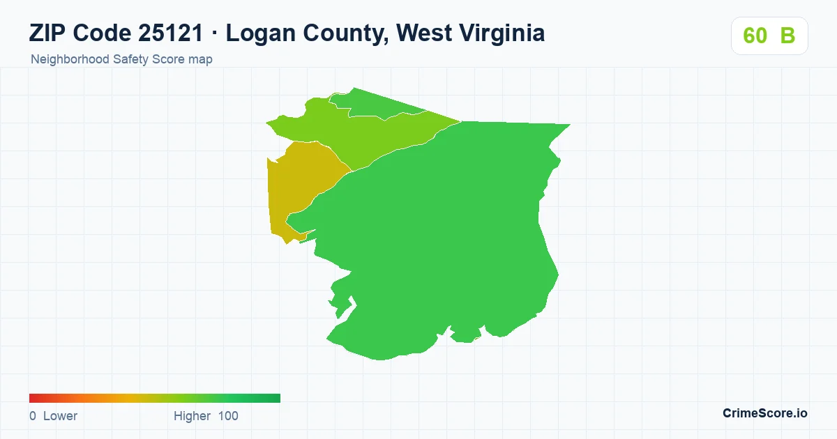 ZIP Code 25121 in Logan County, West Virginia neighborhood Safety Score map