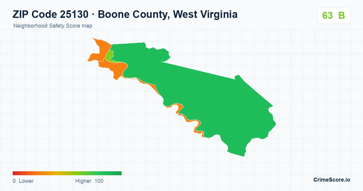 ZIP Code 25130 in Boone County, West Virginia neighborhood Safety Score map