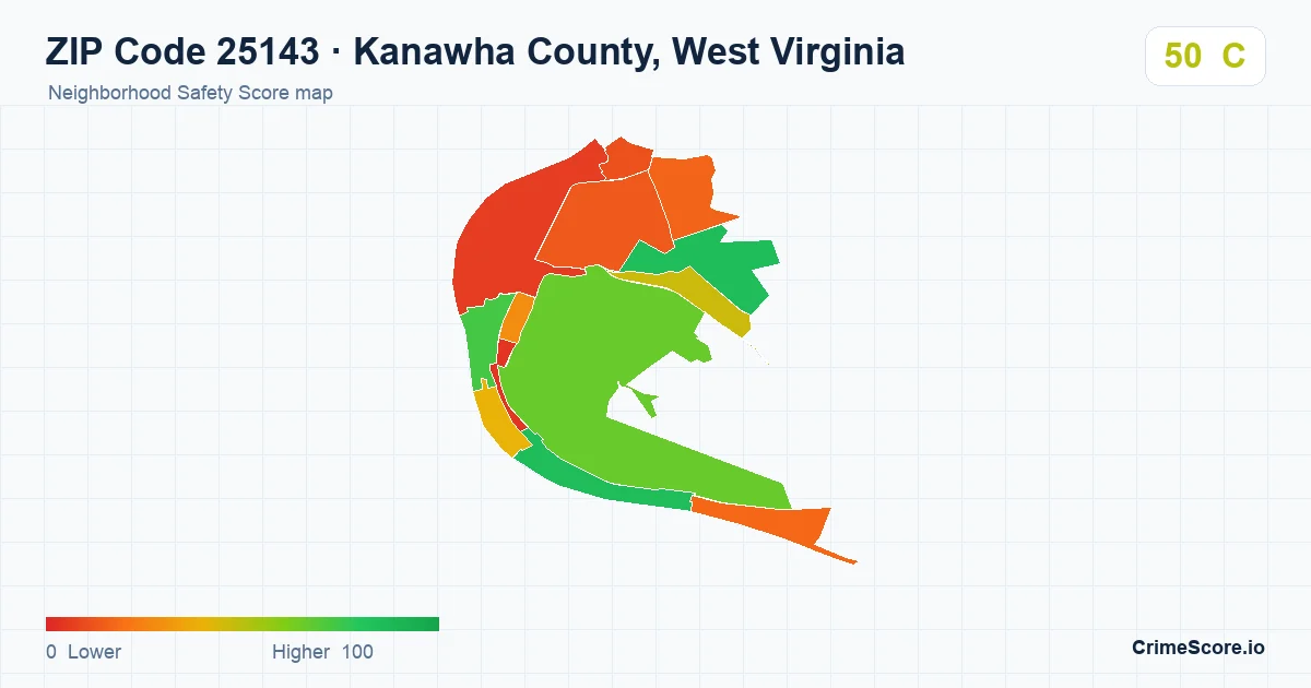 ZIP Code 25143 in Kanawha County, West Virginia neighborhood Safety Score map