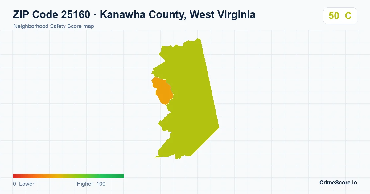 ZIP Code 25160 in Kanawha County, West Virginia neighborhood Safety Score map