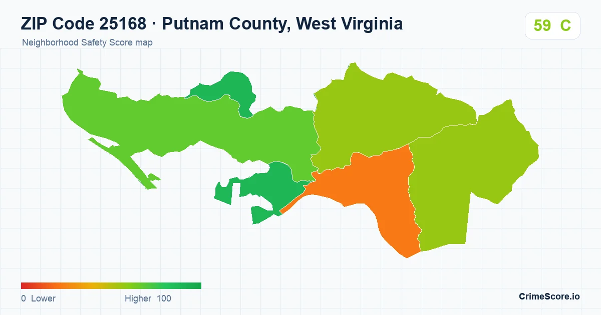 ZIP Code 25168 in Putnam County, West Virginia neighborhood Safety Score map