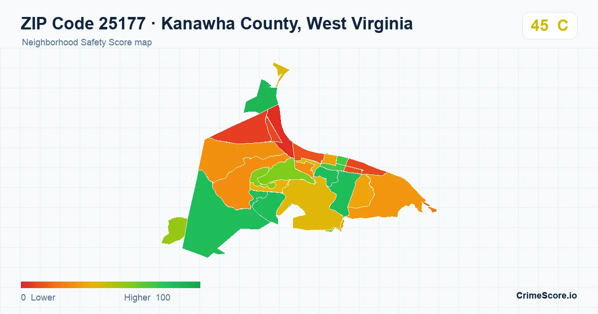 ZIP Code 25177 in Kanawha County, West Virginia neighborhood Safety Score map
