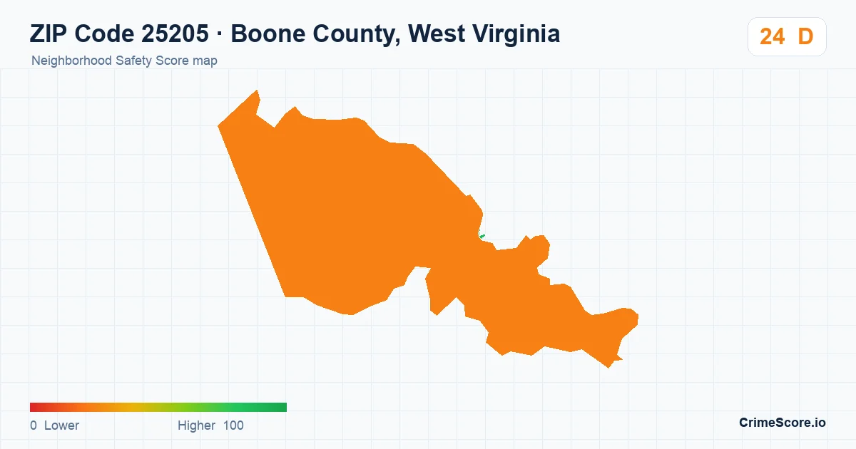 ZIP Code 25205 in Boone County, West Virginia neighborhood Safety Score map