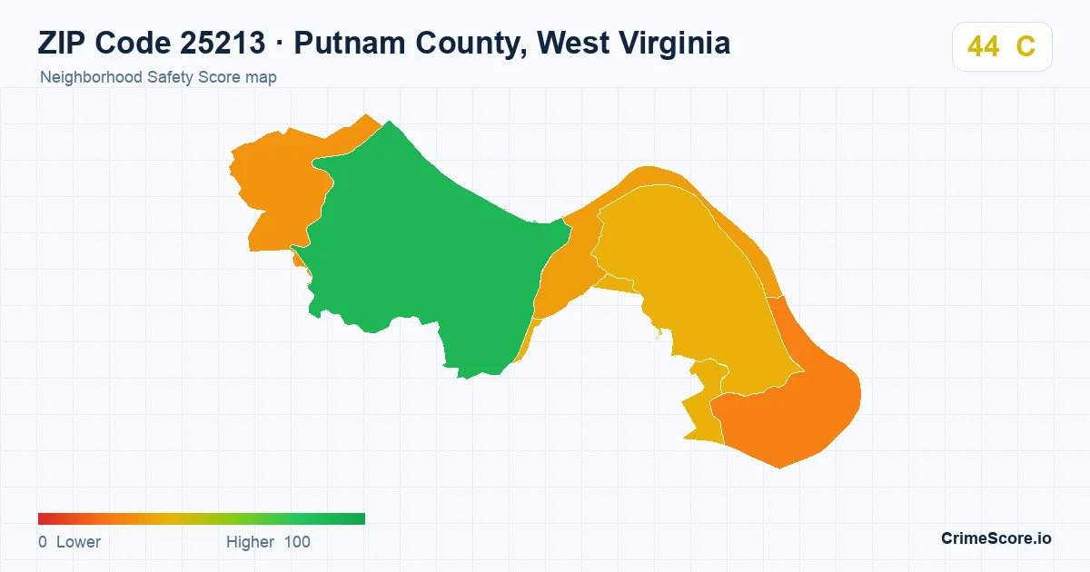 ZIP Code 25213 in Putnam County, West Virginia neighborhood Safety Score map