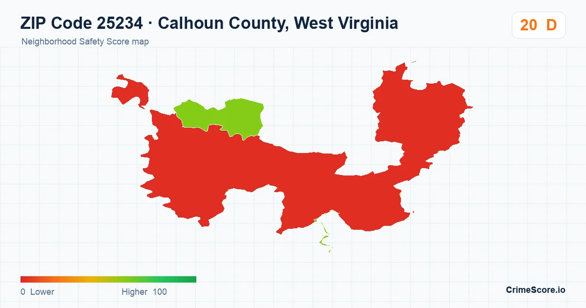 ZIP Code 25234 in Calhoun County, West Virginia neighborhood Safety Score map