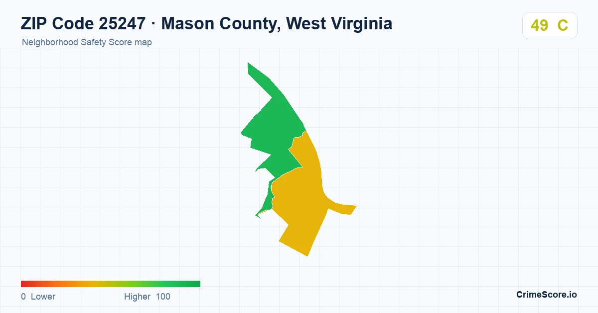 ZIP Code 25247 in Mason County, West Virginia neighborhood Safety Score map