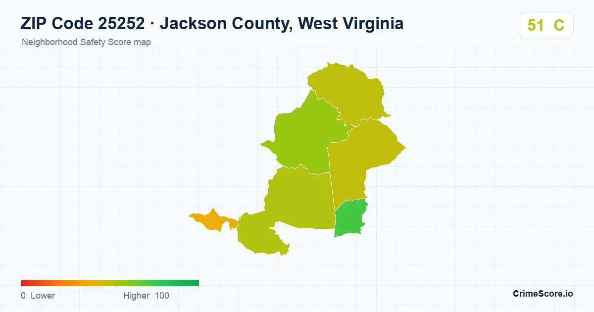ZIP Code 25252 in Jackson County, West Virginia neighborhood Safety Score map