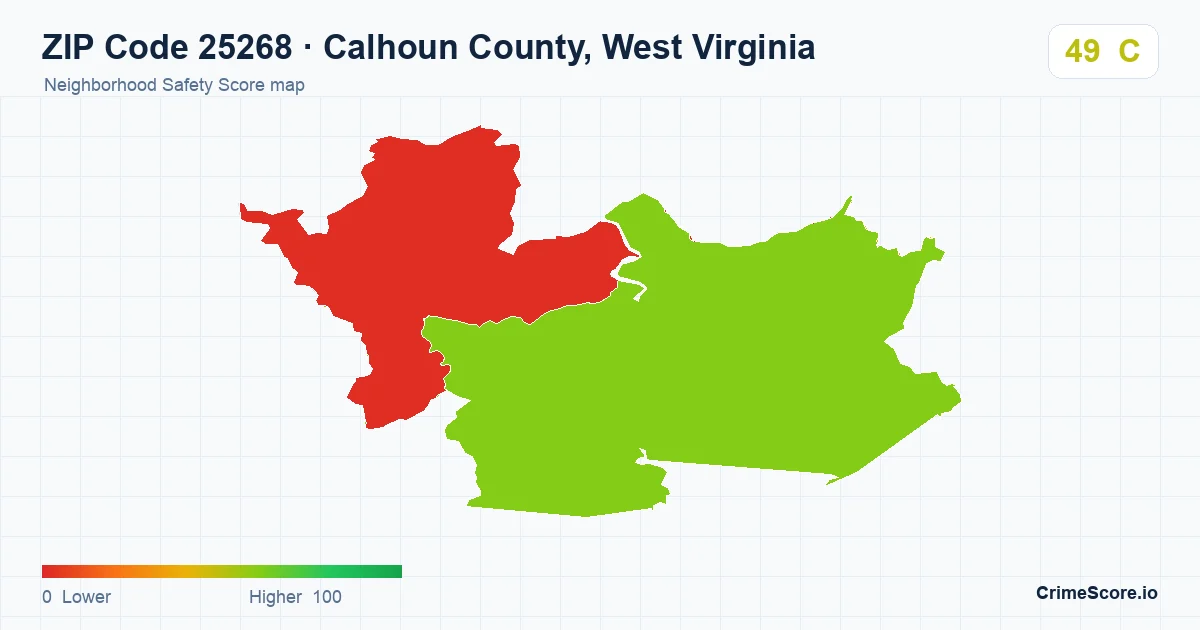 ZIP Code 25268 in Calhoun County, West Virginia neighborhood Safety Score map