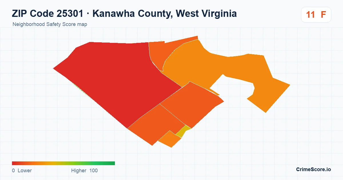 ZIP Code 25301 in Kanawha County, West Virginia neighborhood Safety Score map
