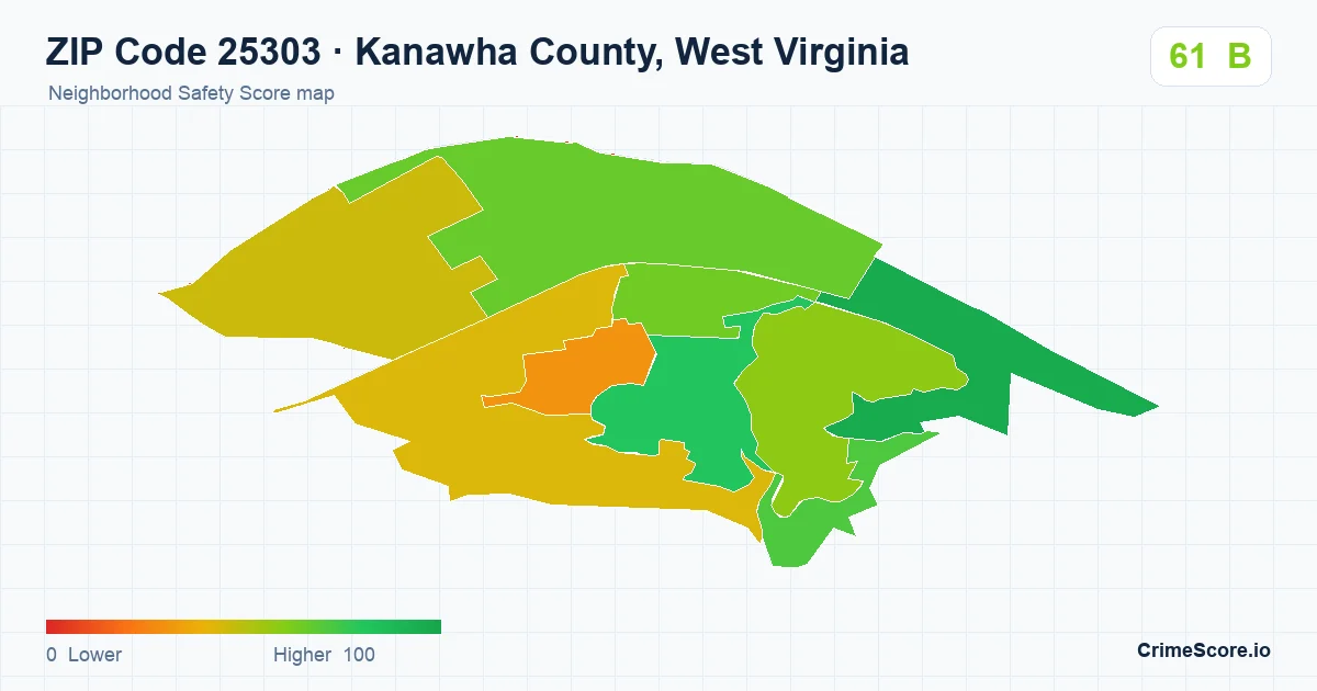 ZIP Code 25303 in Kanawha County, West Virginia neighborhood Safety Score map