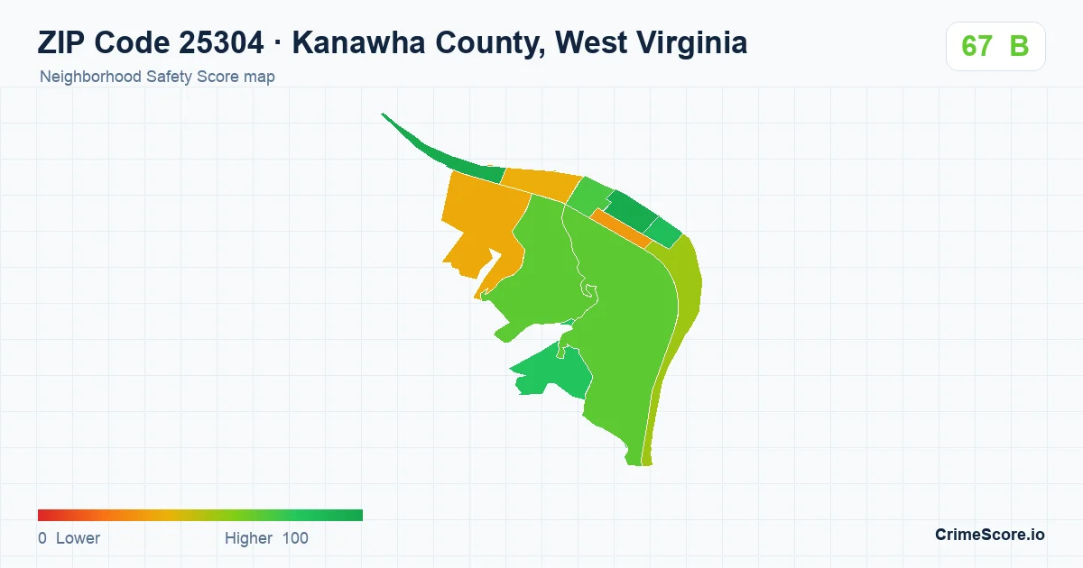 ZIP Code 25304 in Kanawha County, West Virginia neighborhood Safety Score map