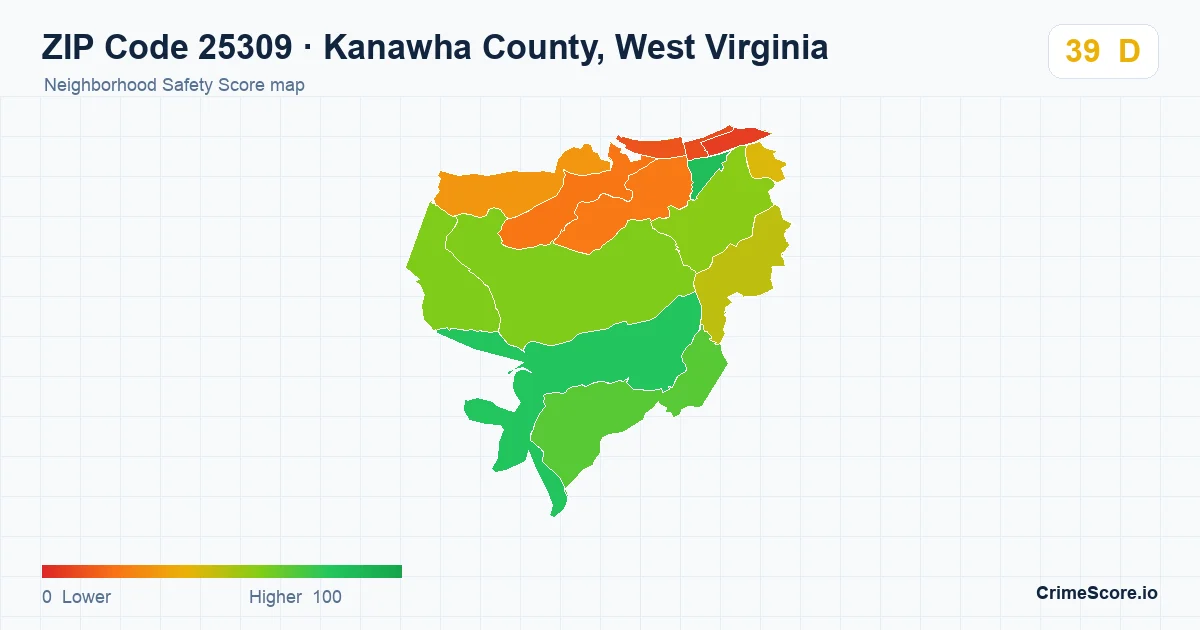 ZIP Code 25309 in Kanawha County, West Virginia neighborhood Safety Score map