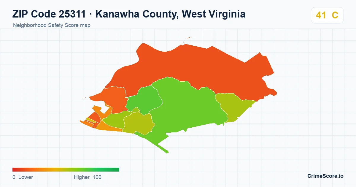 ZIP Code 25311 in Kanawha County, West Virginia neighborhood Safety Score map