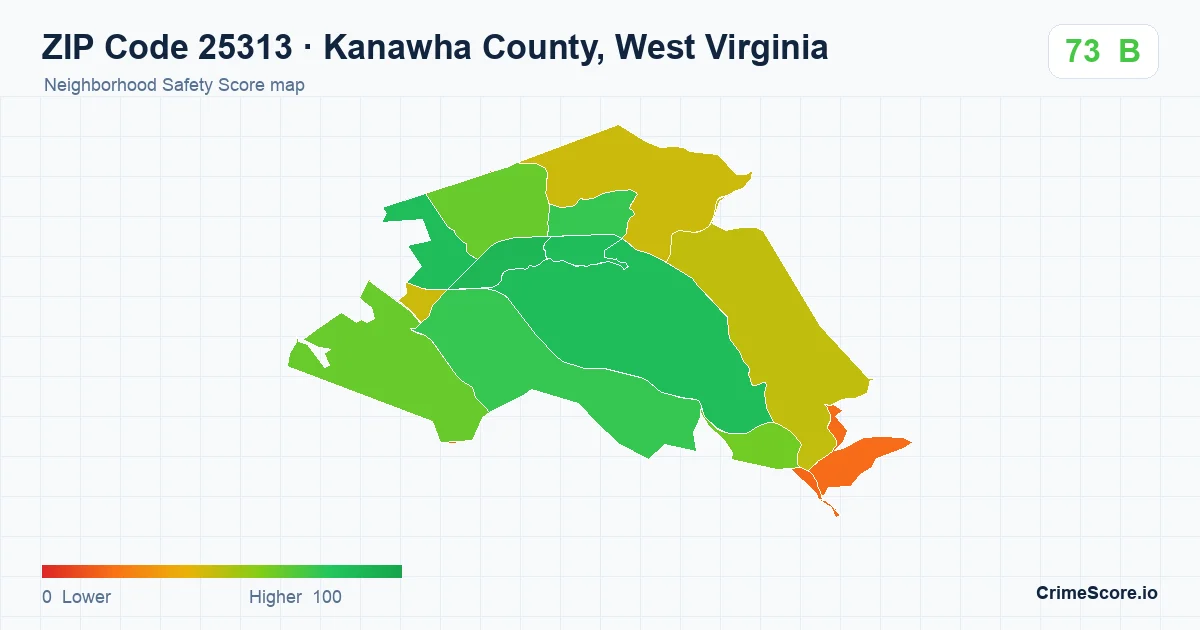 ZIP Code 25313 in Kanawha County, West Virginia neighborhood Safety Score map