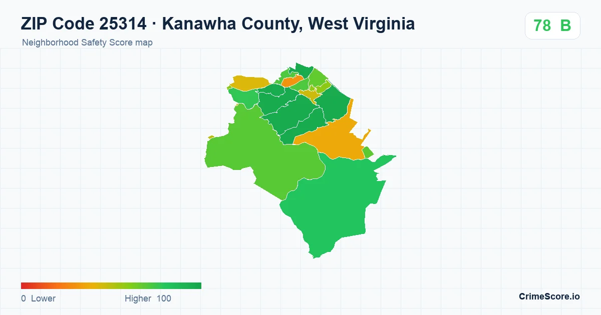 ZIP Code 25314 in Kanawha County, West Virginia neighborhood Safety Score map