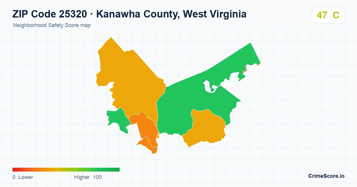ZIP Code 25320 in Kanawha County, West Virginia neighborhood Safety Score map