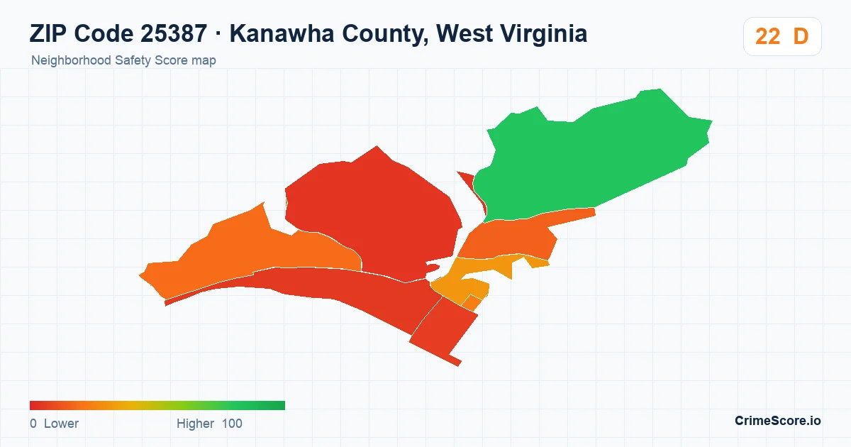 ZIP Code 25387 in Kanawha County, West Virginia neighborhood Safety Score map