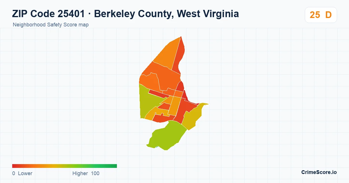 ZIP Code 25401 in Berkeley County, West Virginia neighborhood Safety Score map