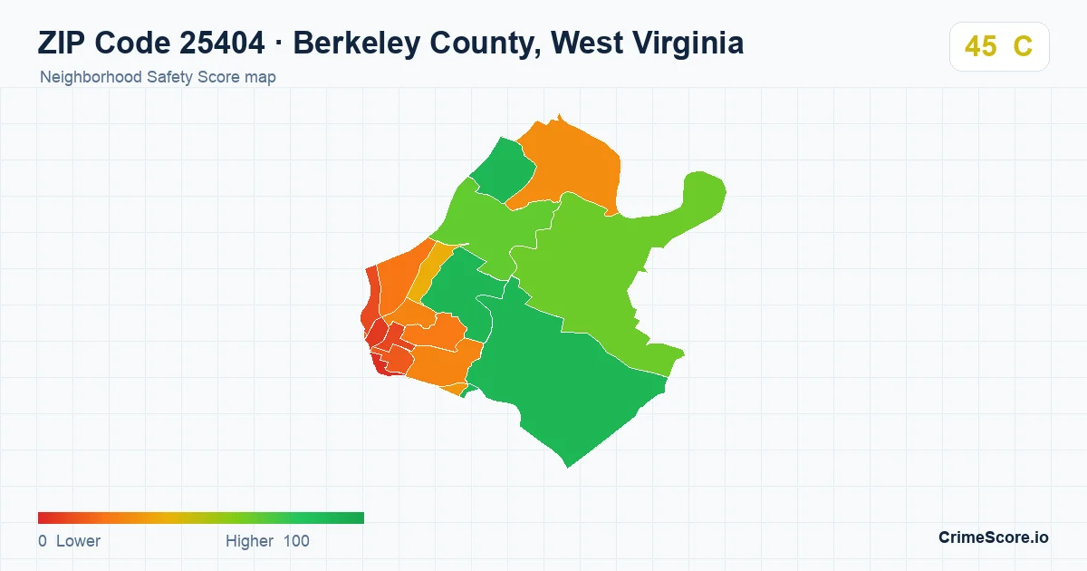 ZIP Code 25404 in Berkeley County, West Virginia neighborhood Safety Score map