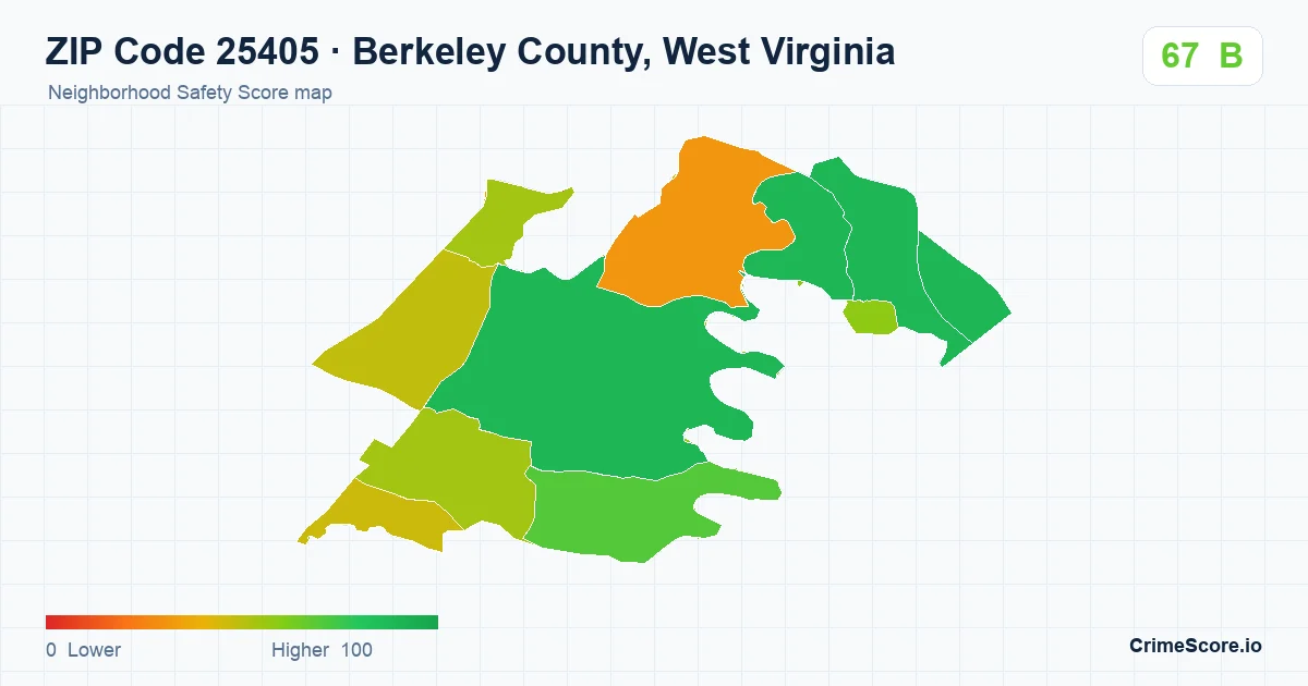 ZIP Code 25405 in Berkeley County, West Virginia neighborhood Safety Score map