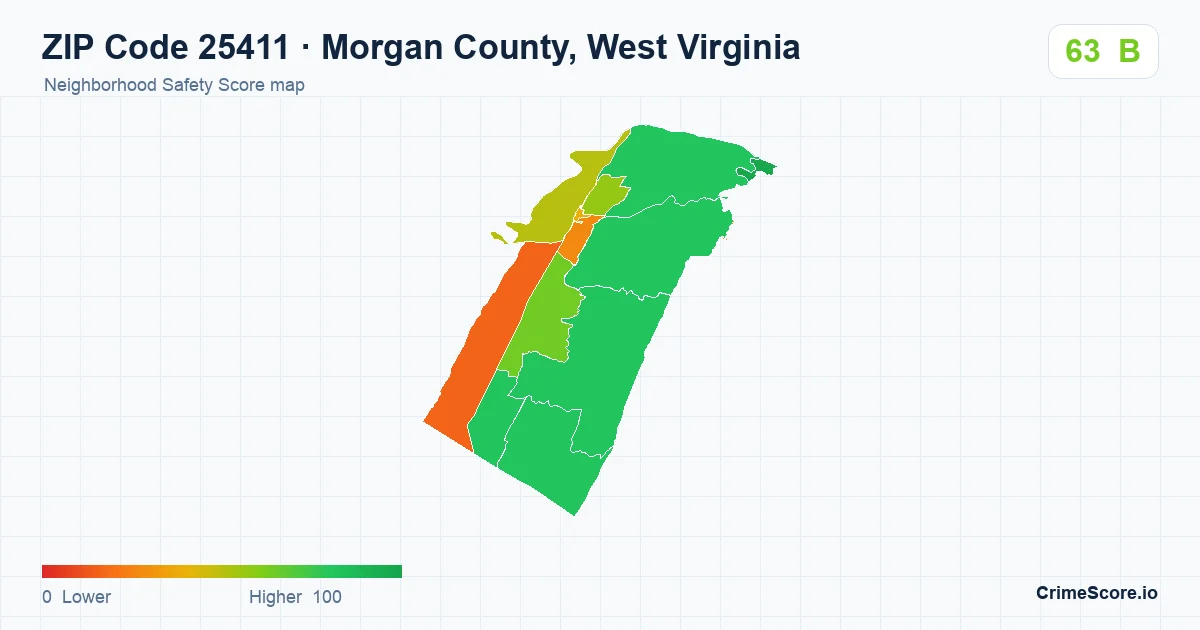 ZIP Code 25411 in Morgan County, West Virginia neighborhood Safety Score map