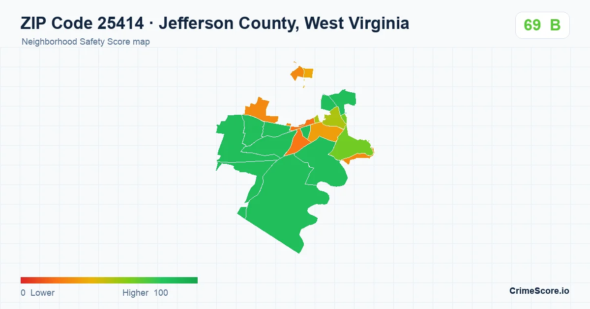 ZIP Code 25414 in Jefferson County, West Virginia neighborhood Safety Score map
