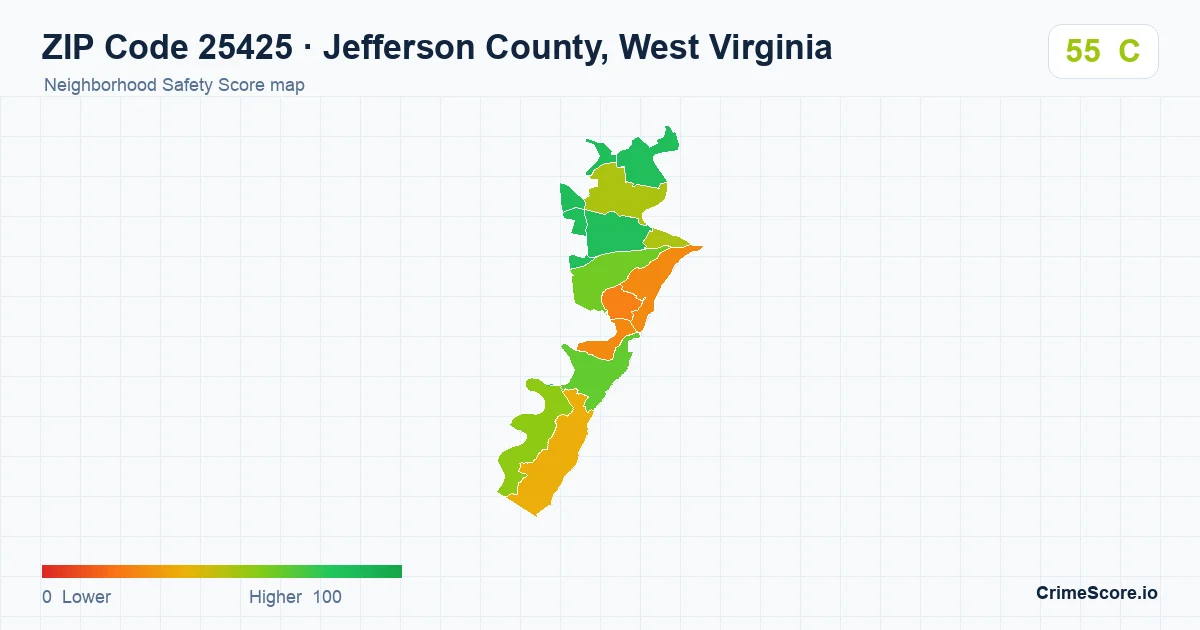 ZIP Code 25425 in Jefferson County, West Virginia neighborhood Safety Score map