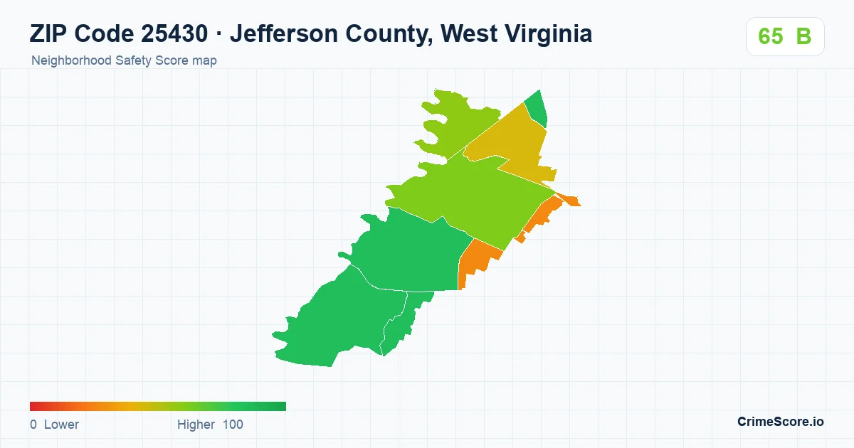 ZIP Code 25430 in Jefferson County, West Virginia neighborhood Safety Score map
