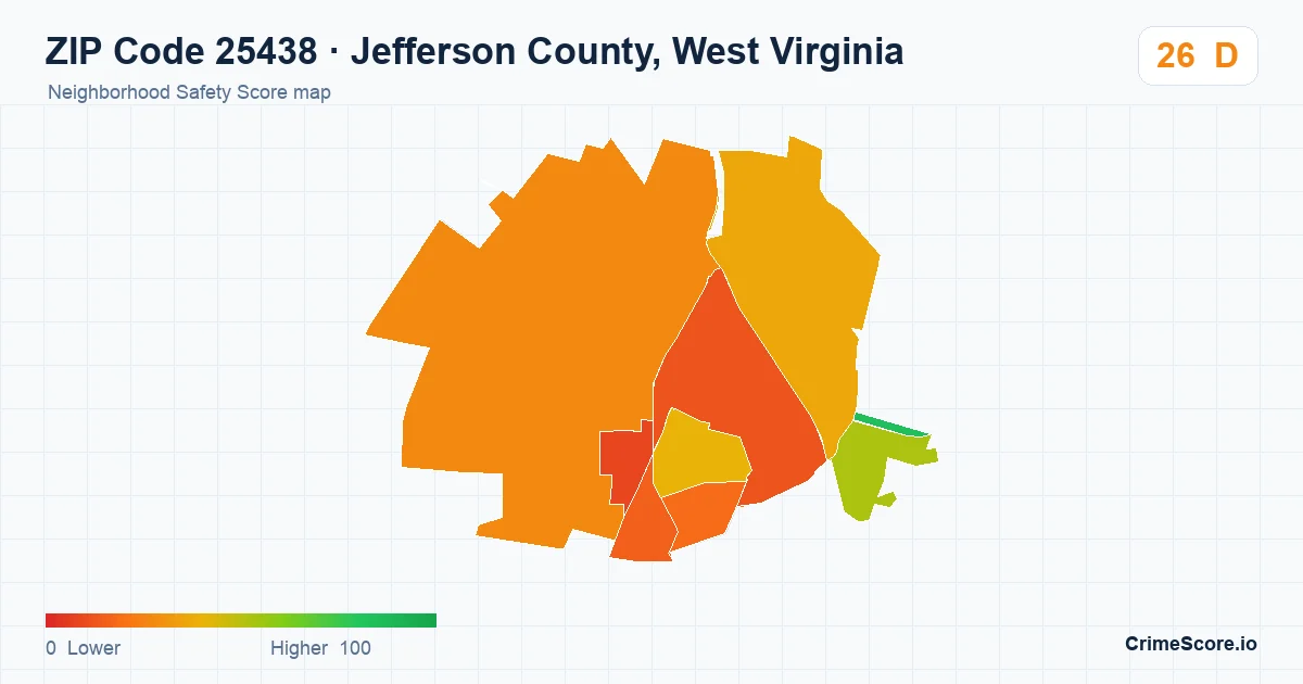 ZIP Code 25438 in Jefferson County, West Virginia neighborhood Safety Score map