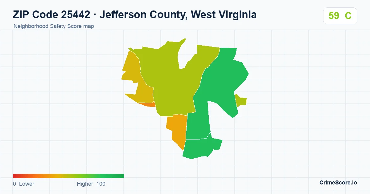 ZIP Code 25442 in Jefferson County, West Virginia neighborhood Safety Score map