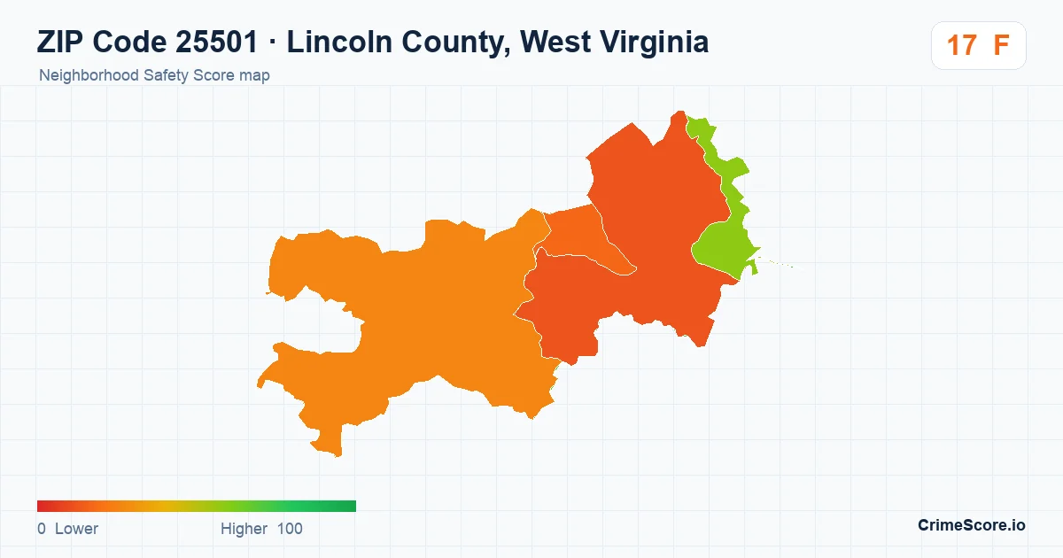 ZIP Code 25501 in Lincoln County, West Virginia neighborhood Safety Score map