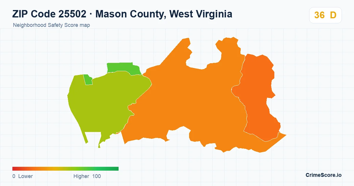 ZIP Code 25502 in Mason County, West Virginia neighborhood Safety Score map
