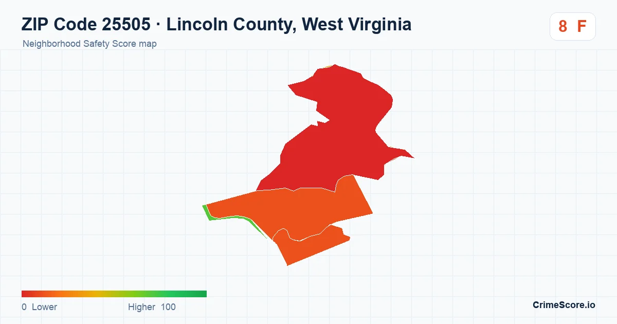 ZIP Code 25505 in Lincoln County, West Virginia neighborhood Safety Score map